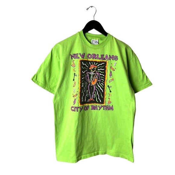 Vintage 90s New Orleans T Shirt Adult Green Large L USA Single Stitch Solid Logo - Picture 1 of 16